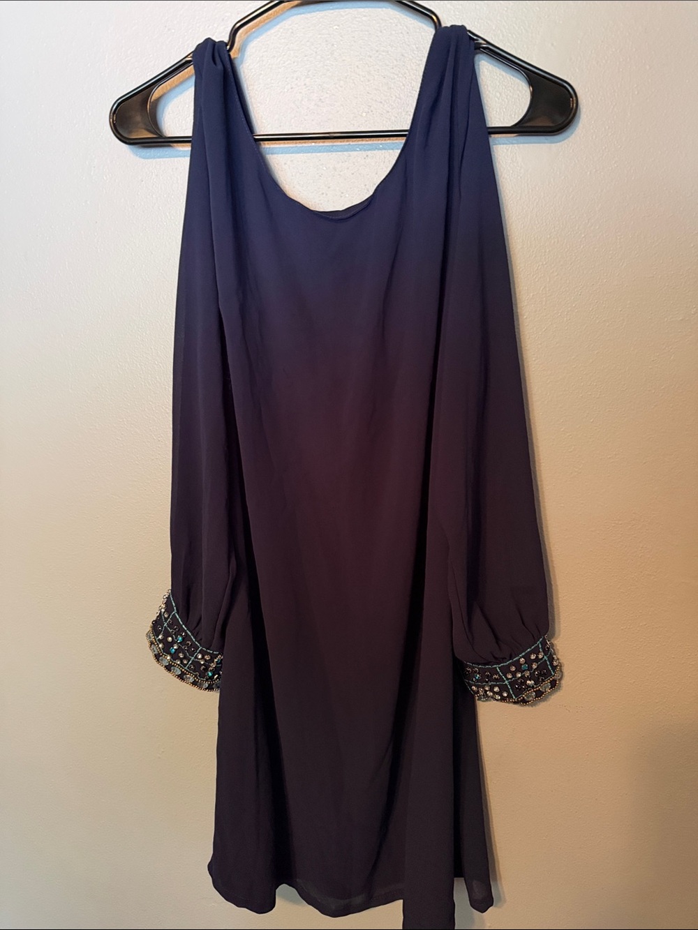 Gabriella Rocha Navy Long Sleeve Shift Dress with Beaded Cuffs